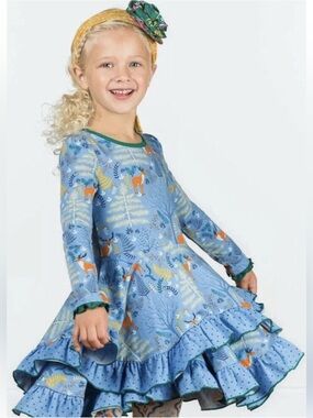 Matilda Jane Make Believe Neck of the Woods Forest Deer Ruffle Dress Blue 8